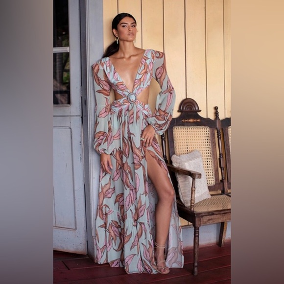 Patbo Printed Long Sleeve Cutout Dress - Peace Lily - Picture 4 of 11